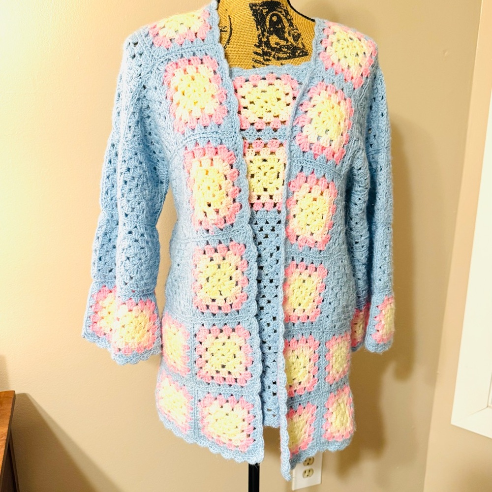 Vintage 2 PC Crochet Cardigan Sweater - Blue, Pink, Yellow